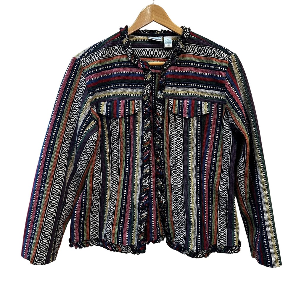 Vintage 90's Women's Size 2 Chico's Colorful Striped‎ Jacket Ruffle Trim